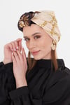 Bej Pratik Hazır Geçmeli Tesettür Bone Kesik Elyaf Retro Desenli - Hürrem Bone 2409_12