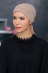 Bej Pratik Hazır Geçmeli Tesettür Bone Sandy Kumaş Güllü Boncuklu İşlemeli - Hürrem 1206