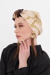 Bej Pratik Hazır Geçmeli Tesettür Bone Kesik Elyaf Retro Desenli - Hürrem Bone 2409_12