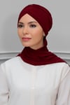 Bordo Pratik Hazır Geçmeli Tesettür Bone Sandy Kumaş Taçlı Büzgülü - Şifon Atkılı - Hürrem 1208A