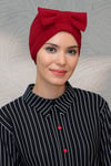 Kırmızı Pratik Hazır Geçmeli Tesettür Bone Sandy Kumaş Fiyonklu Büzgülü - Hürrem 7010