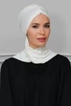 Krem Pratik Hazır Geçmeli Tesettür Bone Sandy Kumaş Taçlı Büzgülü - Şifon Atkılı - Hürrem 1208A