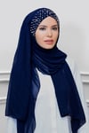 Lacivert Pratik Hazır Geçmeli Bone Şal Şifon Kendinden Topuzlu Taşlı Elişi İşlemeli - Hürrem 1450