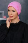 Pembe Pratik Hazır Geçmeli Tesettür Bone Sandy Kumaş Güllü Boncuklu İşlemeli - Hürrem 1206