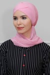 Pembe Pratik Hazır Geçmeli Tesettür Bone Sandy Kumaş Çapraz Büzgülü - Şifon Atkılı - Hürrem 1801A