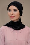 Siyah Pratik Hazır Geçmeli Tesettür Bone Sandy Kumaş Örgülü Güllü - Şifon Atkılı - Hürrem 1203A