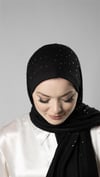 Siyah Pratik Hazır Geçmeli Tesettür Şal Örme Kumaş Taş Desenli - Hürrem Bone 2118T_01