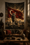 Kurt ve Türk Bayrağı Temalı Duvar Örtüsü  Afişi Kalın Kumaş 