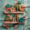 3 Boyutlu Pastel Kitap Rafında Çiçek Masalı 3'lü Pano Kumaşı