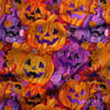 3 Boyutlu Turuncu ve Mor Işıltılı Halloween Balkabakları Desenli Dijital Baskılı Kumaş