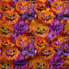3 Boyutlu Turuncu ve Mor Işıltılı Halloween Balkabakları Desenli Dijital Baskılı Kumaş