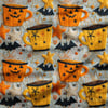 Halloween Balkabağı Kupaları ve Yarasalar Dijital Baskılı Kumaş