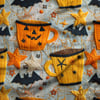 Halloween Balkabağı Kupaları ve Yarasalar Dijital Baskılı Kumaş