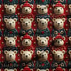 Kırmızı Zeminde Yılbaşı Kazaklı Teddy Ayıcıklar Dijital Baskılı Kumaş