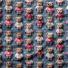 Mavi Zeminde Pembe & Krem Kazaklı Teddy Ayıcıklar Dijital Baskılı Kumaş