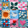 Mutluluk Kareleri Patchwork Dijital Baskılı Kumaş