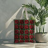 Örgü Karelerin Kırmızı Yılbaşı Çiçeği – 3D Poinsettia Dijital Baskılı Kumaş