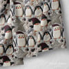 Örgü Penguenlerin Işıltılı Kış Rüyası – 3D Yılbaşı Dijital Baskılı Kumaş
