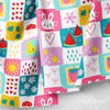 Pastel Patchwork Tavşan ve Meyveli Bahçe Dijital Baskılı Kumaş