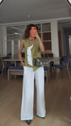 Tensel Premium Tasarım Gold Düğmeli Yeşil Beyaz Geçişki Yelek Bel Lastikli Pantolon  