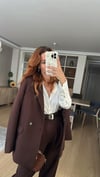 ACI KAHVE PİLE DETAY PALAZZO PANTOLON  OVERSİZE  ASTARLI CEKET TAKIM ELBİSE 