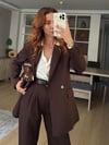 ACI KAHVE PİLE DETAY PALAZZO PANTOLON  OVERSİZE  ASTARLI CEKET TAKIM ELBİSE 