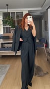 ANTRASİT OVERSIZE CEKET YELEKLİ PİLE DETAY PALAZZO OVERSİZE CEKET TAKIM 