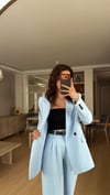 BEBE MAVİ  PİLE DETAY PALAZZO PANTOLON  OVERSİZE  ASTARLI CEKET TAKIM ELBİSE1