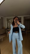 BEBE MAVİ  PİLE DETAY PALAZZO PANTOLON  OVERSİZE  ASTARLI CEKET TAKIM ELBİSE1