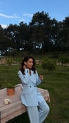 BEBE MAVİ YELEKLİ ÇİZGİLİ PİLE DETAY PALAZZO OVERSİZE CEKET TAKIM ELBİSE 