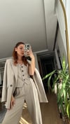 BEJ ÇİZGİLİ YELEKLİ PİLE DETAY PALAZZO OVERSİZE CEKET TAKIM ELBİSE 