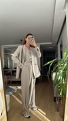 BEJ ÇİZGİLİ YELEKLİ PİLE DETAY PALAZZO OVERSİZE CEKET TAKIM ELBİSE 