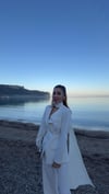 Beyaz  Belden Oturtma Ceket Palazzo Takım Şal Aksesuarlı 