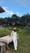 BEYAZ İNCE SİYAH  ÇİZGİLİ MİNİMAL PİLE DETAY PALAZZO OVERSİZE CEKET TAKIM ELBİSE 