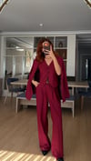 BORDO BEZAYAĞI KUMAŞ  YELEKLİ PİLE DETAY PALAZZO OVERSİZE CEKET 3LÜ TAKIM 