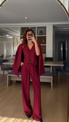 BORDO BEZAYAĞI KUMAŞ  YELEKLİ PİLE DETAY PALAZZO OVERSİZE CEKET 3LÜ TAKIM 