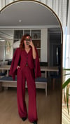 BORDO BEZAYAĞI KUMAŞ  YELEKLİ PİLE DETAY PALAZZO OVERSİZE CEKET 3LÜ TAKIM 