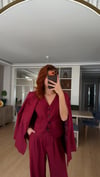 BORDO BEZAYAĞI KUMAŞ  YELEKLİ PİLE DETAY PALAZZO OVERSİZE CEKET 3LÜ TAKIM 
