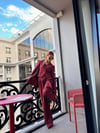 BORDO ÇİZGİLİ YELEKLİ PİLE DETAY PALAZZO OVERSİZE CEKET TAKIM ELBİSE 