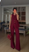 Bordo Gold Düğmeli Yelek Pantolon Takım 