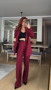 BORDO  PİLE DETAY PALAZZO PANTOLON  OVERSİZE  ASTARLI CEKET TAKIM ELBİSE 