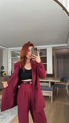 BORDO  PİLE DETAY PALAZZO PANTOLON  OVERSİZE  ASTARLI CEKET TAKIM ELBİSE 