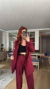 BORDO  PİLE DETAY PALAZZO PANTOLON  OVERSİZE  ASTARLI CEKET TAKIM ELBİSE 
