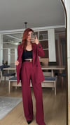 BORDO  PİLE DETAY PALAZZO PANTOLON  OVERSİZE  ASTARLI CEKET TAKIM ELBİSE 
