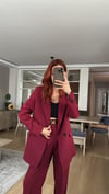 BORDO  PİLE DETAY PALAZZO PANTOLON  OVERSİZE  ASTARLI CEKET TAKIM ELBİSE 