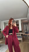 BORDO  PİLE DETAY PALAZZO PANTOLON  OVERSİZE  ASTARLI CEKET TAKIM ELBİSE 