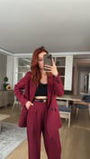 BORDO  PİLE DETAY PALAZZO PANTOLON  OVERSİZE  ASTARLI CEKET TAKIM ELBİSE 