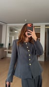 Füme Gold Çiçek Düğmeli Pileli Ceket Cepli Pileli Pantolon Takım 
