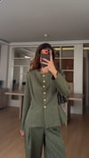Haki Gold Çiçek Düğmeli Pileli Ceket Cepli Pileli Pantolon Takım 