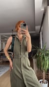 Haki Sırt Dekolte Yıkamalı Keten Gabardin Kruvaze Elbise